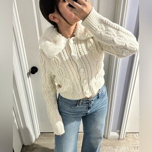 AQUA  White/Cream Faux Fur Collar Cardigan - 100% Exclusive | Bloomingdale's